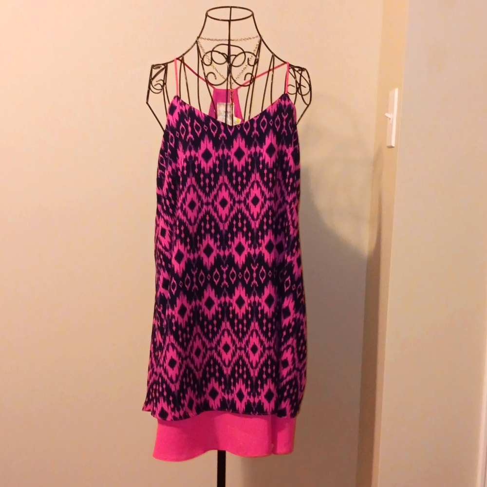 NWTS  Pink and Dark Navy Tribal Print Racerback Dress & Geometric Necklace  Set